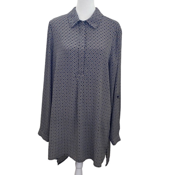 Pleione Stylish Black and White Patterned Long Tunic Blouse. Size XL. 1/4 button - Picture 1 of 16